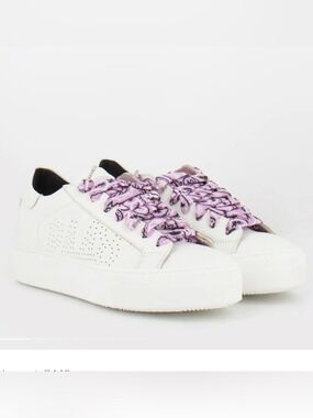 P448 Thea- W White Leather Sneakers with Pink Bandana Accent Laces - NWT